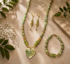 Moss Green Agate, Unikite Gemstones & Crystal Beaded Necklace Bracelet, Earrings