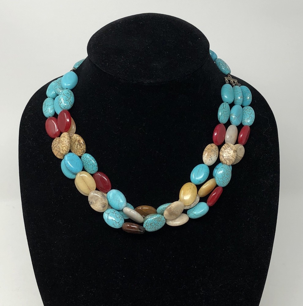 Gemstone Beaded Necklace Sterling Silver Multi Strand – 17 inch Length