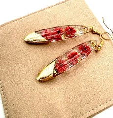 Elegant Resin Drop Earrings Real Pressed Flowers Pink And Gold Leaf