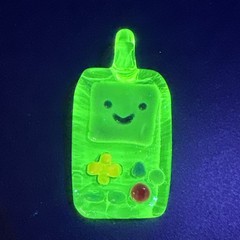 Handmade Uranium Glass Art Video Game BMO Pendant UV Reactive Green UG Boro Ion