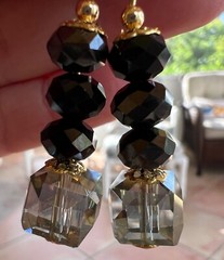 Austrian Crystal Aurora Borealis Earrings Gold Toned Dangle Black Grey Leverback
