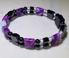 Magnetic Therapy Braclet Hematite & Purple Lace Agate Glows in the Dark sz 8 in