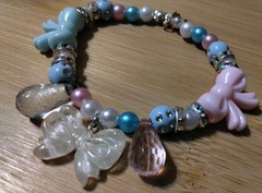 Handmade 6in Elastic Bracelet-Plastic, Polymer, Rhinestone Spacers-3 Bow Charms.