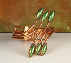 MATISSE ORIENTALE Signed Copper Set Goldish Green Enamel 1950s Wearable Art 4pc
