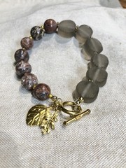 Chunky Jasper & Glass Bead Bracelet Gold Tone Toggle Clasp 9″