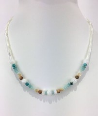 Mother of Pearl & Turquoise Bead Necklace, Blue, Tan, White, Handmade, 17 inch