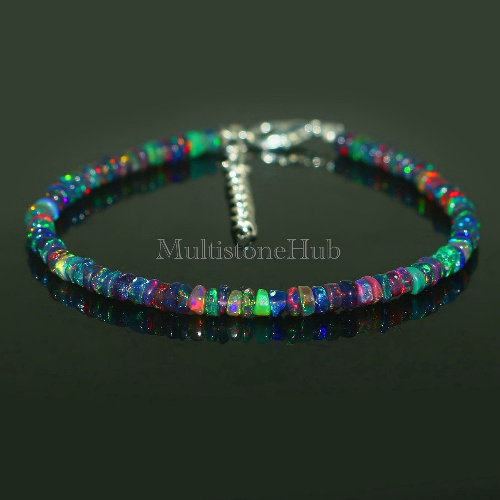 Natural Ethiopian Black Opal Smooth Rondelle Beaded Gemstone Bracelet 7 Inches