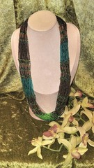 Stunning Cascade Multi Strand Beaded Necklace Teal Bronze Lime Woven Closure 24″
