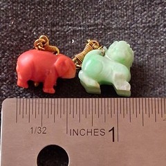 Vintage Carved Coral Elephant & Green Stone Guardian Lion Charms With 14K Gold
