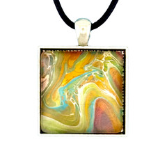 Pendant Square Necklace Handcrafted «Molten Swirls» Silver Bezel Black Cord