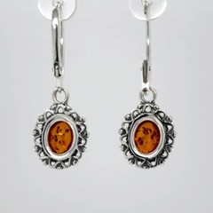 Cognac / Brown BALTIC AMBER Oval Leverback Earrings 925 STERLING SILVER #1548e