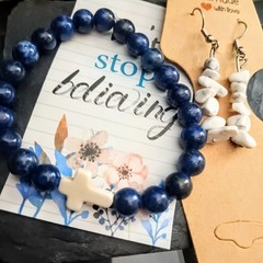 Beautiful Lapis Lazuli And Howlite Bracelet With A Cross & Howlite Earrings