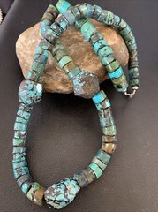 Men Chunky Spiderweb Turquoise Heishi Navajo Sterling Silver Necklace 21” 124505