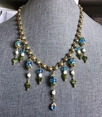 Vintage Inspired Necklace-up-cycled Vintage Glass Beads, 20” Chain, Blue, Green