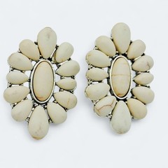 White Howlite Style Oval Cluster Earrings Silver Tone Post Back 1.25″