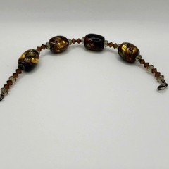 Murano Style Art Glass Bracelet Black Brown Gold Sparkle Accents Beads