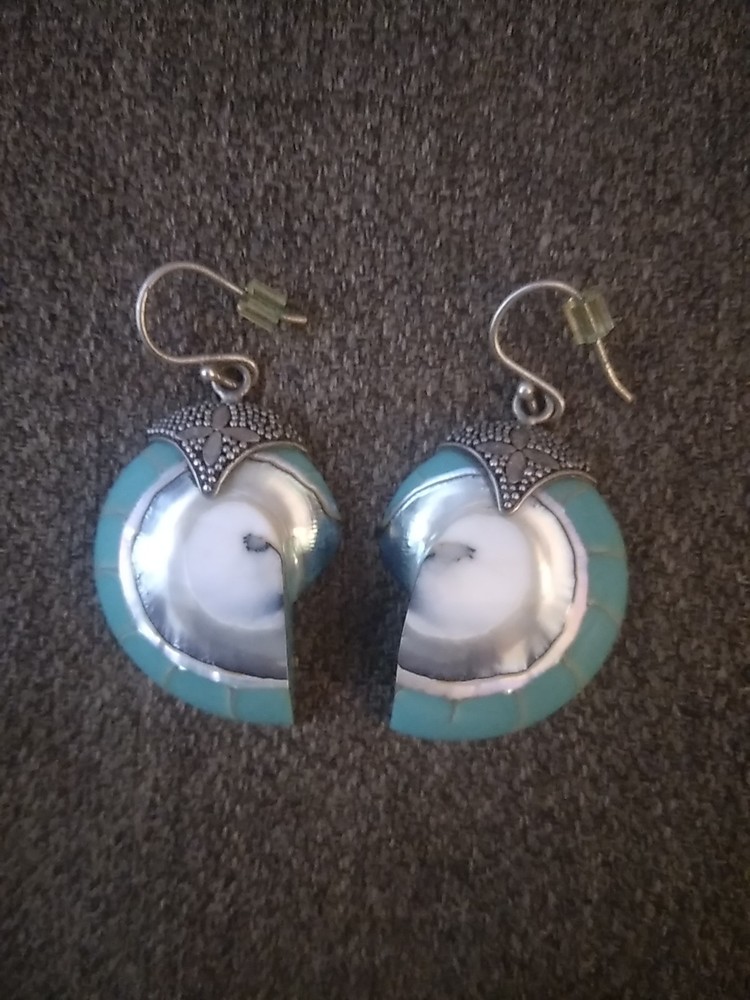 Nautilus Shell Earrings 925 Silver Frech Hooks Blue Green Bold Ocean MOP