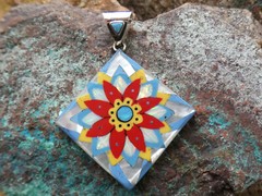 Vibrant Flower Micro Inlay Gemstone Fire Opal Sterling Silver 925 Pendant Ai8