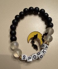 Halloween Stretch Beaded Bracelet Black Clear Round Beads Bat Moon Dangle Charm