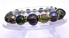 Black Baroque Pearls Green Handmade Lampwork Green Rhinestones Beaded Bracelet