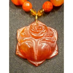 Vintage Korea Carnelian Rose Pendant Necklace Hand Carved Statement Floral 111g