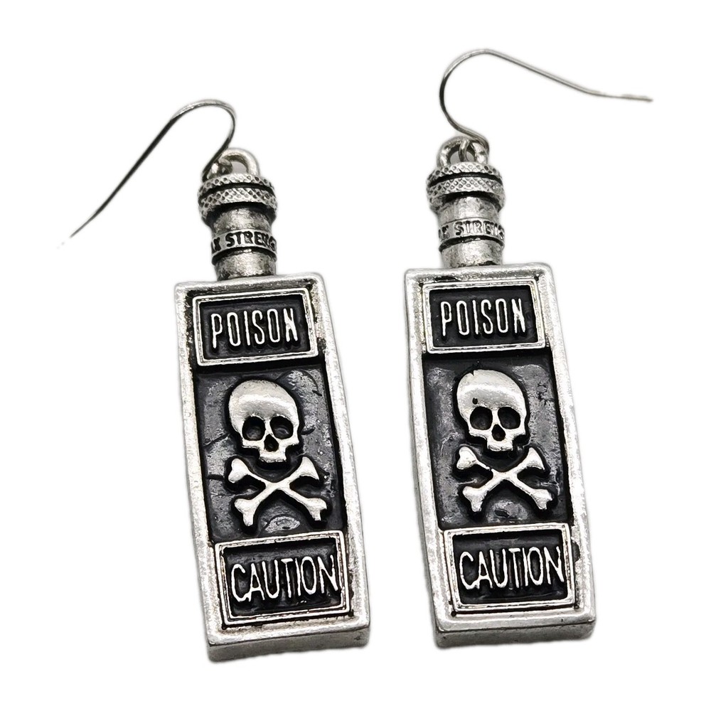 Poison Bottle Silver ton Black Goth Enamel Halloween Earrings 2.25 in