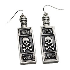 Poison Bottle Silver ton Black Goth Enamel Halloween Earrings 2.25 in