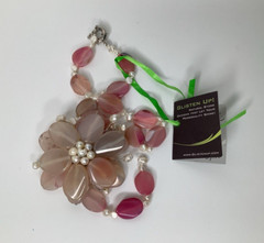 Pink Agate Flower Pendant Freshwater Pearl Necklace Handmade Statement 795