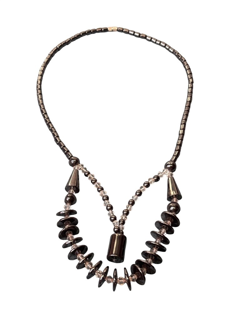 Abstract Artisan Hematite Beaded Statement Bib Necklace Quartz Barrel Clasp