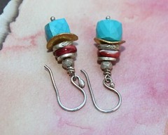 Turquoise Cube Red Coral Hill Tribe Gold Silver Handcrafted Stack Earrings