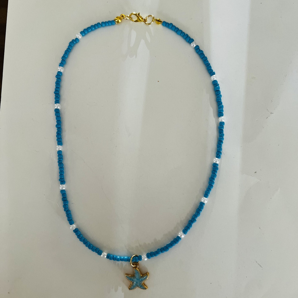 Handmade blue seed bead starfish necklace choker faux pearl beach coastal 17″