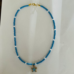 Handmade blue seed bead starfish necklace choker faux pearl beach coastal 17″
