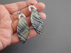long MOTHER OF PEARL ABALONE pierced earrings w/faux pearls dangle