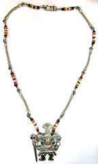 Peru 950 Sterling Silver Multi Stone Inlay Warrior King Pendant Heishi Necklace