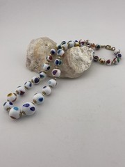 Murano Millefiori White Milk Glass Graduated & Knotted Brass Cap Bead Necklace