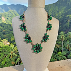 Dark Green Sonoran Gold Turquoise and Onyx Flower Statement Copper Necklace 18”
