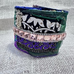 Wide Cuff Bracelet Boho Multicolor Fabric Baroque Embellished Handmade OOAK 6-7