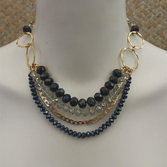 Layered Bib Necklace Gold Tone Black Gray Crystal Israeli Artisan Statement 90s