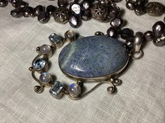 Lovely Handmade Denim Lapis, Cultured Pearls, Crystal & Sterling Silver Necklace