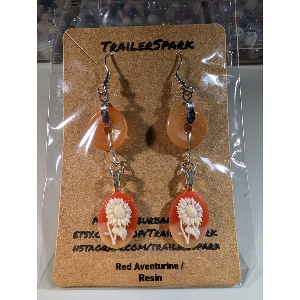 TrailerSpark Red Aventurine Resin Sunflower Cameo Dangle Earrings Nickel Free