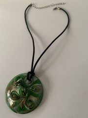 Pendant Green Glass Gold Foil & Necklace Lacing 15-18 In Adjustable Length