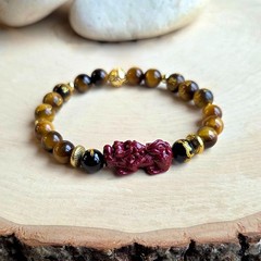 Pixiu Bracelet Tiger Eye Gemstone, Cinnabar Dragon, Wealth Attraction, Feng Shui