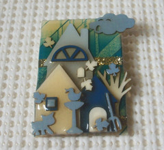Vintage Lucinda House Pin Blue Wind Blowing Sweet Kitty Bird Bath Leaves