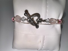 Rose Quartz & Real Pearl Bracelet Pink Crystal Heart Toggle Clasp 8” Handmade