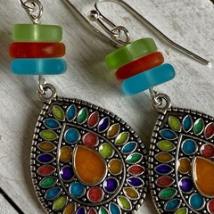 Min Favorit Colorful Enamel Pendant & Seaglass Silver Pl Artisan Boho Earrings