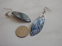 long MOTHER OF PEARL ABALONE pierced earrings w/faux pearls dangle