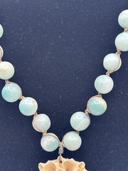 Artisan Aqua Blue Stone Bead Necklace 19” Carved Flower Pendant Boho