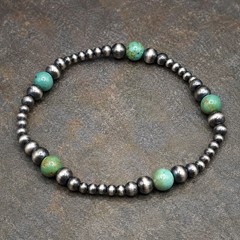 Genuine Green Turquoise Navajo Pearls Stretch Bracelet SW Sterling Silver