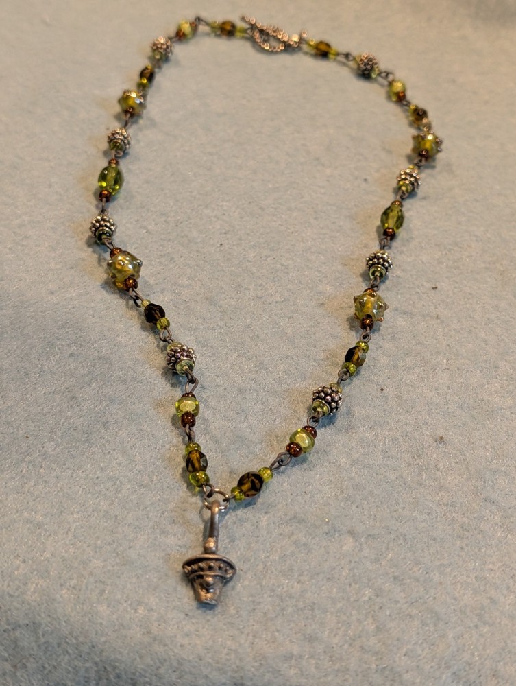 Handmade Lariat Necklace Green Glass Beads Silver Charm
