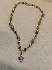 Handmade Lariat Necklace Green Glass Beads Silver Charm